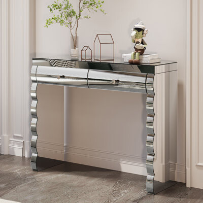Everly Quinn Vanity Table with Mirror 2-Drawer Baked Curved Console Table in Silver for Bedroom