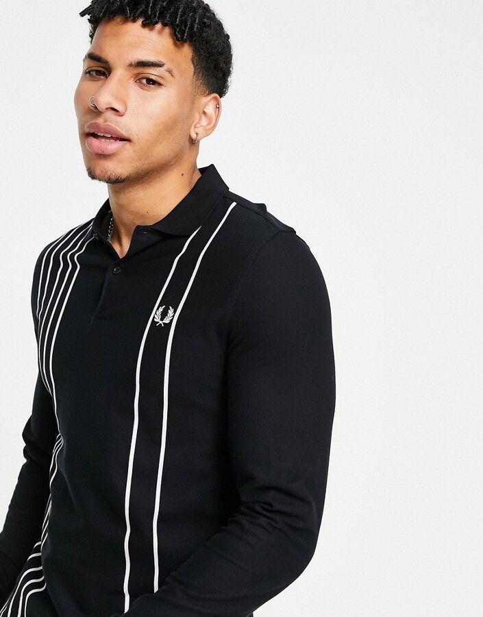 Fred Perry refined pique striped long sleeve polo in black - ShopStyle