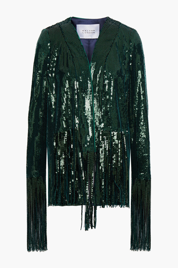 khaki green jacket with gold sequin sleeves