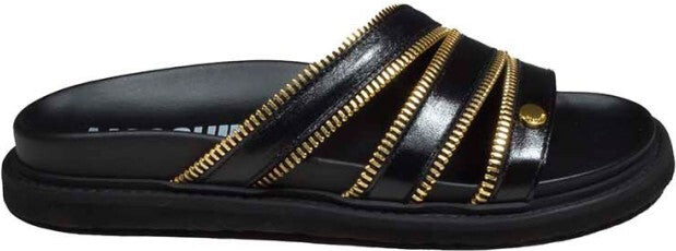 Zipper Black Leather Sandals