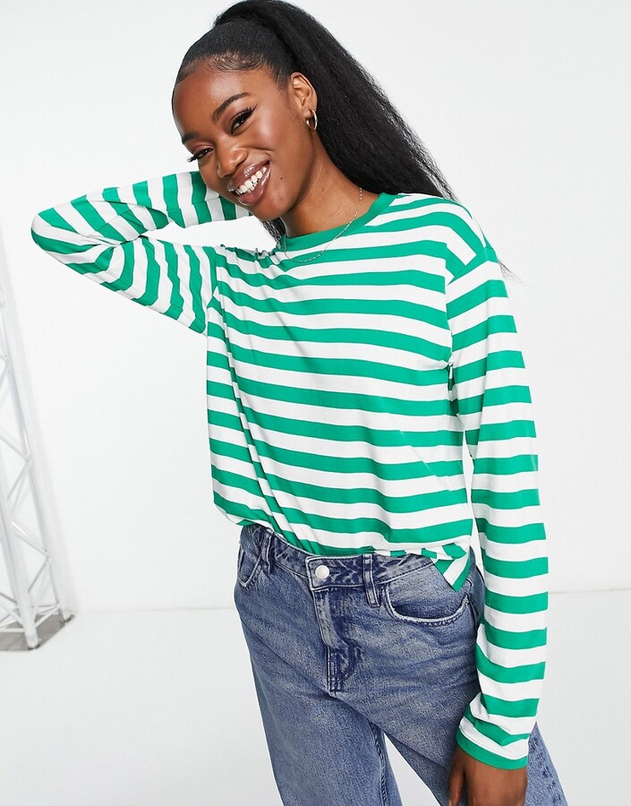 Monki long sleeve top in green and white stripe - ShopStyle