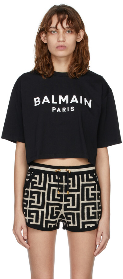 Balmain Black Logo Cropped T-Shirt - ShopStyle