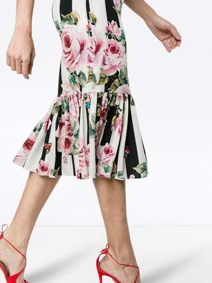Dolce & Gabbana Rose and Stripe Print Silk Dress
