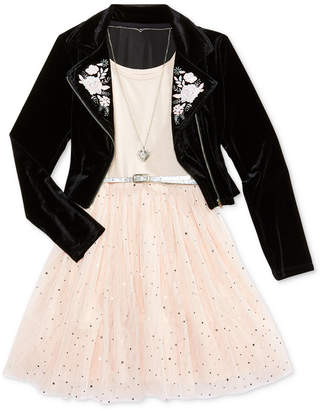 Beautees 2-Pc. Embroidered Moto Jacket, Necklace and Babydoll Dress Set, Big Girls Plus (8-20)