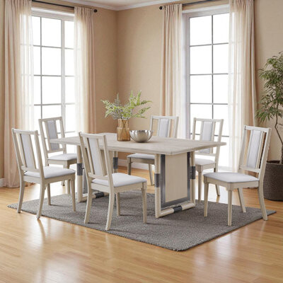 7-Piece Modern Expandable Dining Set With Drop-Leaf Table And Padded Slat-Back Chairs In Light Wood Finish
