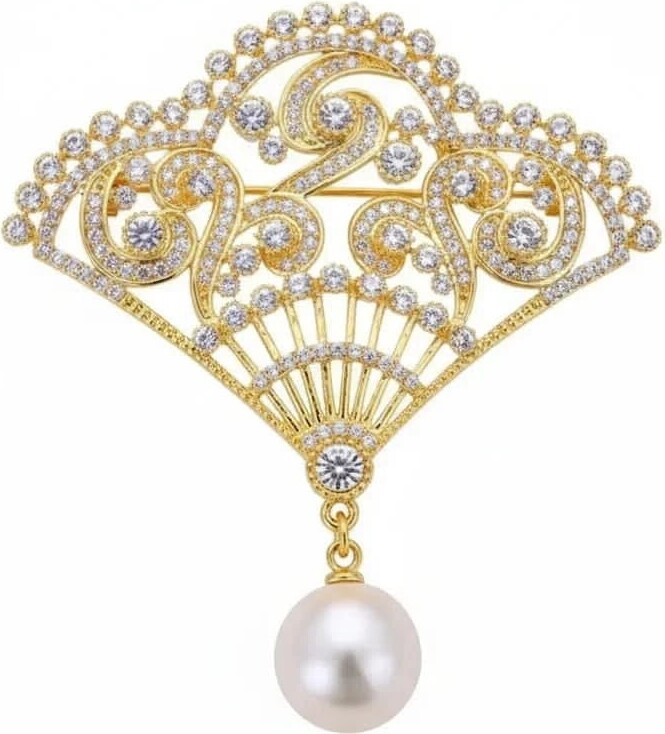 Angel Barocco Gold Natural Freshwater Pearl Fan Brooch With Zircon