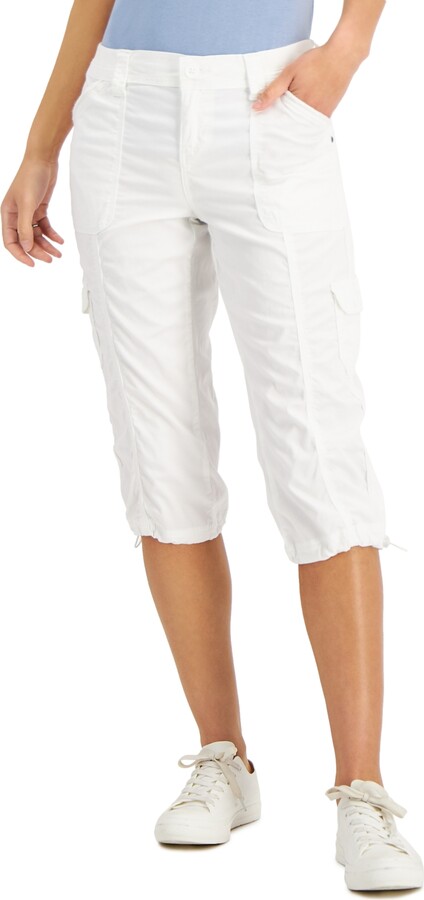 PATRORNA White Cotton Blend Relaxed Fit Mid Rise Capris