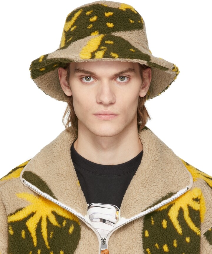 Beige Green Sherpa Asymmetric Bucket Hat