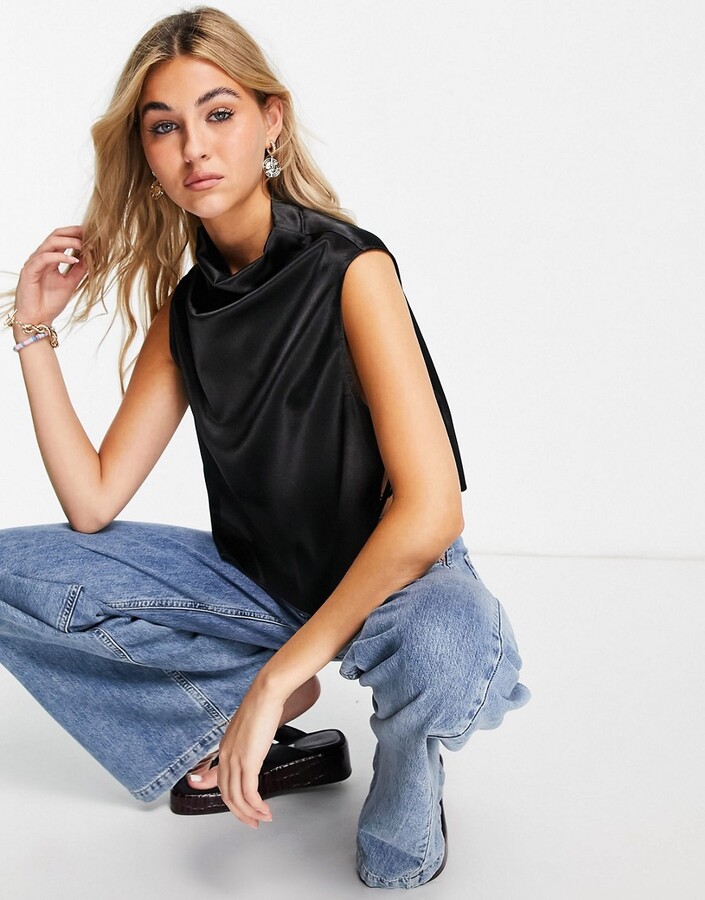 Topshop cowl neck tie side satin top in black ShopStyle