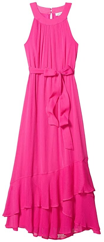 calvin klein printed halter ruffle gown