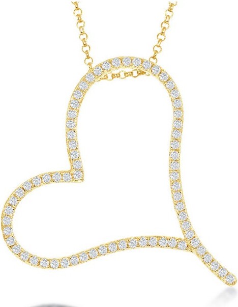 Bella Silver BellaSilverSterlingSilverLargeMicroPaveHeartNecklace-GoldPlated-Gold-16+2Inch