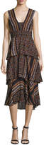Thumbnail for your product : A.L.C. Hayley Sleeveless Tiered Multipattern Midi Dress, Brown/Multicolor