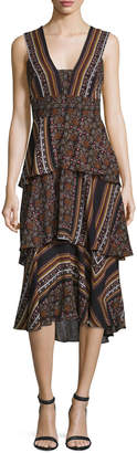 A.L.C. Hayley Sleeveless Tiered Multipattern Midi Dress, Brown/Multicolor