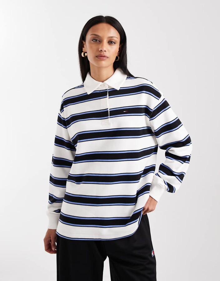 Tommy Jeans collegiate striped rugby shirt in white and blue