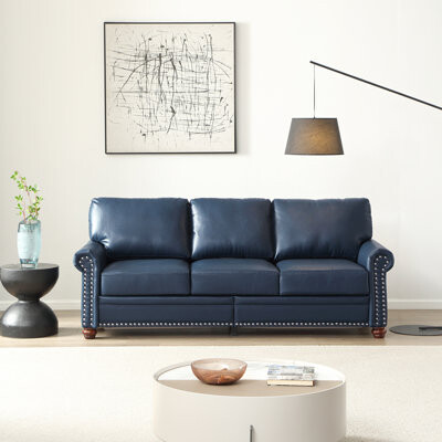 Red Barrel Studio Classic Living Room Round Arm with Silver Nails Sofa Navy Blue Faux Leather
