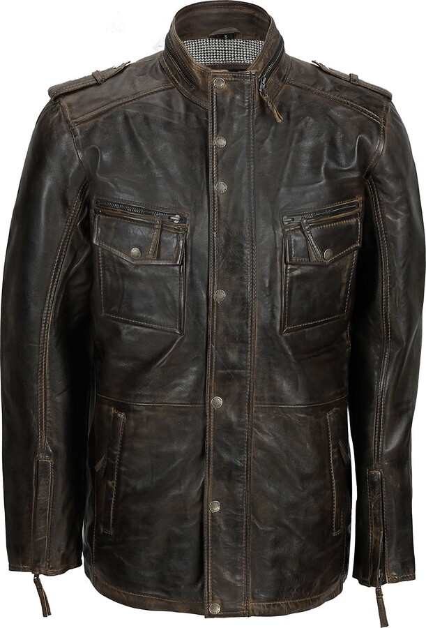 Xposed Mens Soft Real Leather Military Jacket Vintage Antique Washed ...