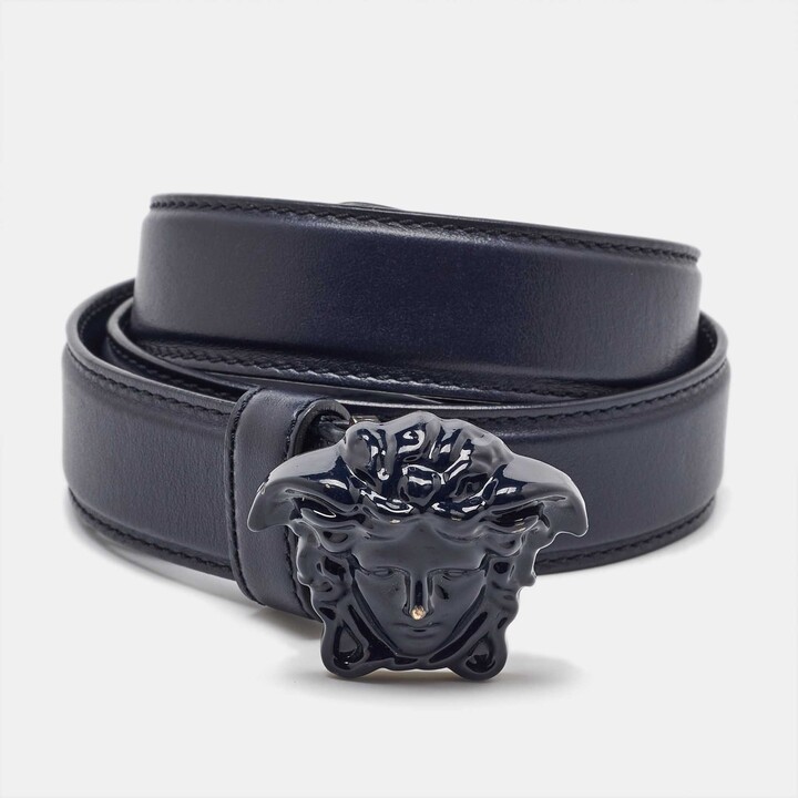 Versace Navy Blue Leather Medusa Buckle Belt 80CM