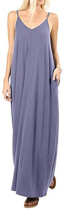 happygirr Camisole Dress Solid Colour Sleeveless V-Neck Halter Female Pocket Skirt for Party Beach