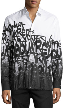 DSQUARED2 Graffiti-Print Button-Down Shirt, White/Black