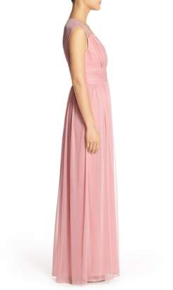 Alfred Sung Shirred Chiffon Cap Sleeve Gown
