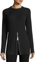 Thumbnail for your product : Michael Kors Collection Ribbed Crewneck Zip-Trim Sweater