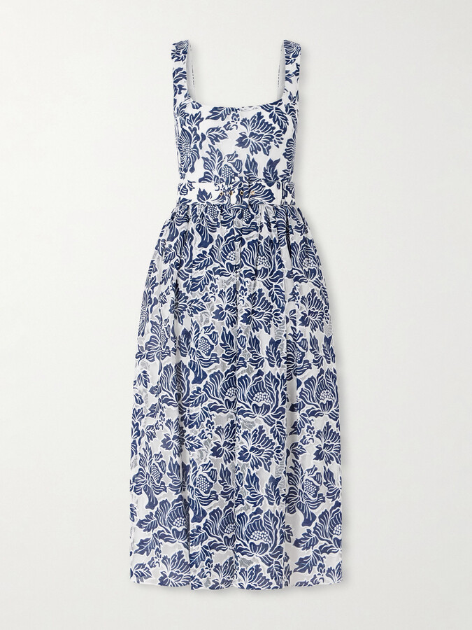 Borgo de Nor Mackenzie Belted Lace-paneled Cotton-blend Midi Dress - Blue