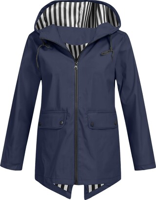 Aboser Women's Waterproof Rain Jacket With Hood Lightweight Full Zip Windbreaker Outdoor Travel Hiking Raincoats Trendy Striped Lined Rain Jackets - View #3