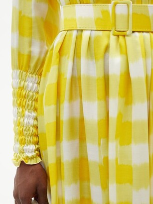 MARTA FERRI Check-print Gathered-faille Maxi Dress - Yellow White