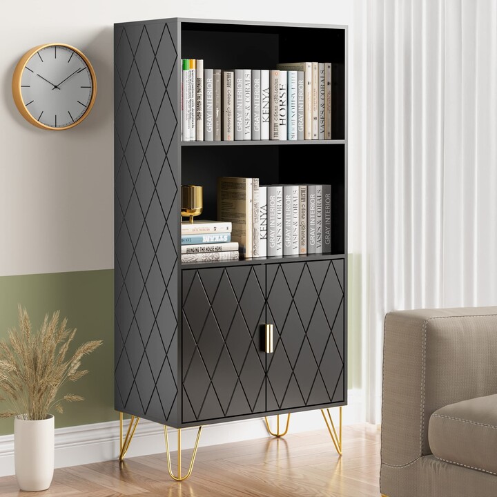 EPOWP Black Open Shelf Bookcase with Doors, Floor Standing Display