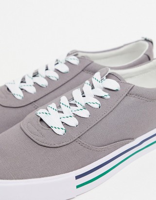 ASOS DESIGN Wide Fit lace up plimsolls in grey with navy and green detailing