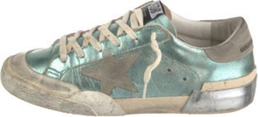 Golden Goose Super-Star Low Top Sneakers Green Leather Printed Suede Trim Round-Toes with Distressed Accents Lace-Up Closure at Uppers Designer
