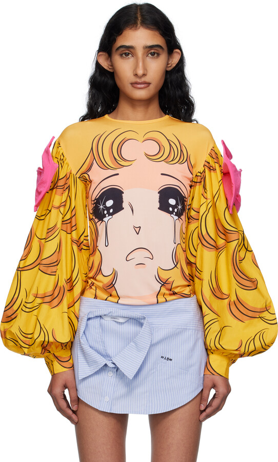 Pushbutton Yellow Crying Girl Puff Sleeve Ribbon T-shirt