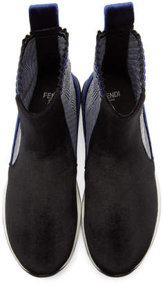 Fendi Black and Blue Logo Velvet High-Top Sneakers