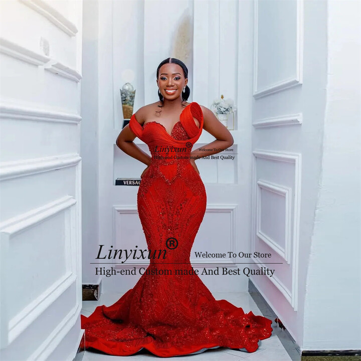 linyixun Gorgeous Applique Beading Prom Dress Aso Ebi Pleated Mermaid Formal Evening Gowns Customized Off Shoulder robes de soirée