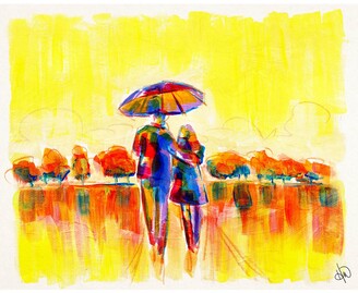 Creative Gallery Golden Morning Walk with Umbrella Abstract 36" x 24" Canvas Wall Art Print