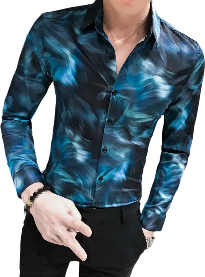 Hinewsa Autumn Long Sleev Print Men British Style Shirt Fashion Casual  Shirts Slim Fit Party Dress Shirt Blue Korean XL 60-65kg - ShopStyle