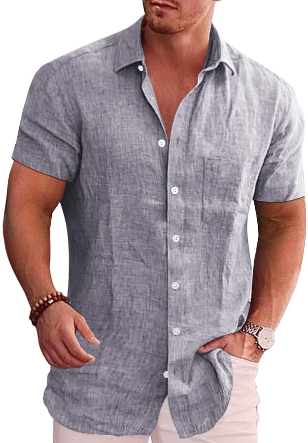 COOFANDY Men's Casual Linen Button Down Shirt Short Sleeve Chambray