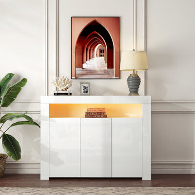 Living Room Sideboard Storage Cabinet High Gloss With LED Light, Modern Kitchen Unit Cupboard Buffet Wooden Storage Display Cabinet TV Stand With 3 Do