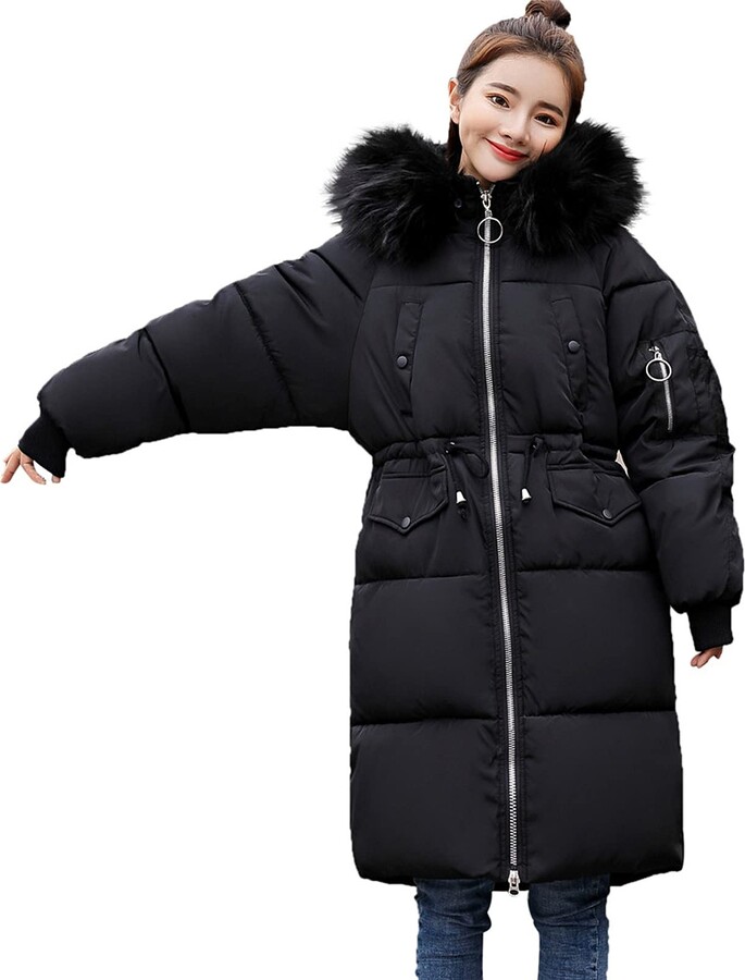 TIMEMEAN Women Puffer Jackets Fur Hood Long Padded Down Coat Black XXLarge  - ShopStyle