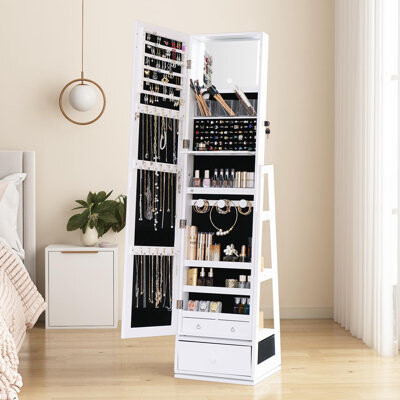 Rotating Full-Length Mirror, Built-In Mirror - Lockable Jewelry Cabinet With Mirror Drawer And 3 Storage Shelves,