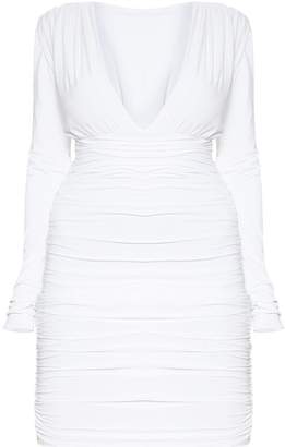 PrettyLittleThing Plus White Ruched Plunge Bodycon Dress
