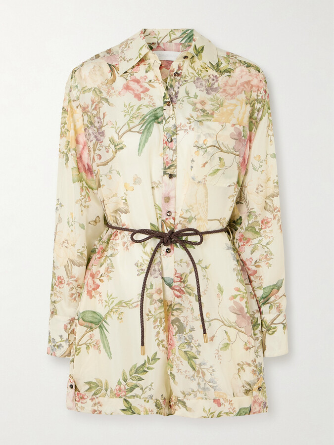 Zimmermann Waverly Belted Leather-trimmed Floral-print Silk Playsuit - Cream