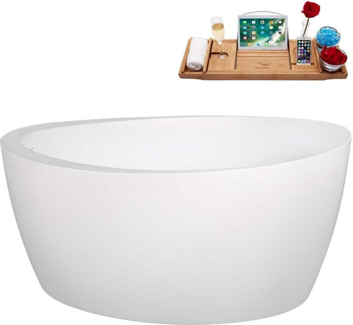 Streamline 59 in. x 32 in. Acrylic Freestanding Soaking Bathtub in Glossy White with Polished Brass Drain, Bamboo Tray