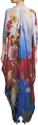 Roberto Cavalli Plunging Floral-Print Chiffon Caftan Gown