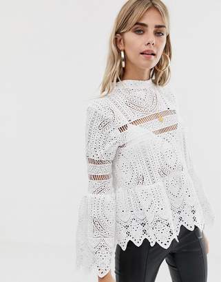 boohoo Crochet Lace Peplum Bell Sleeve Top