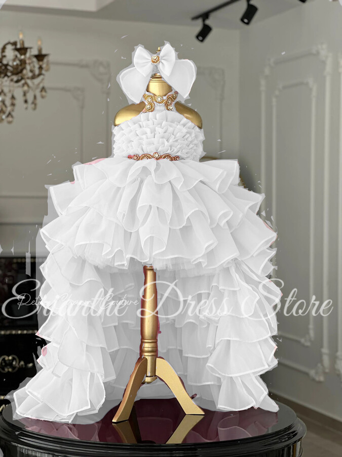 gdybao White Tulle Beading Ruffles with Bow Princess Flower Girl Dress For Wedding Kids Birthday Party First Communion Ball Gown Custom