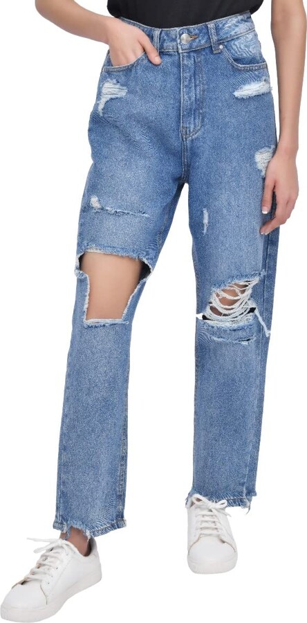 M17 Womens Ladies Denim Torn Hem Rip Mom Jeans High Waisted Classic Casual  Cotton Trouser Pants with Pockets (14 - ShopStyle