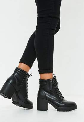 Missguided Black Mid Heel Cleated Sole Hook and Eye Detail Ankle Boot