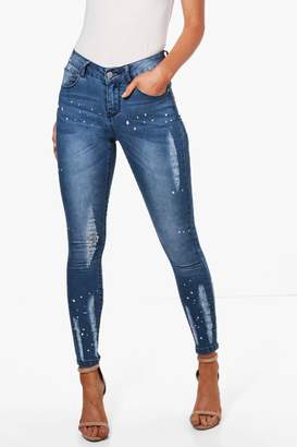 boohoo Petite Loren Distressed Paint Skinny Jeans