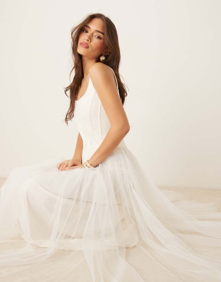 Lace & Beads corset tulle drop hem maxi dress in ivory